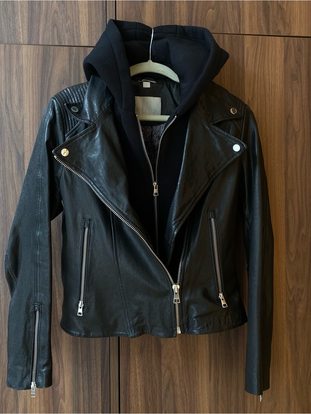 Soia & Kyo Black Leather Moto Jacket With Attached Black Hoodie